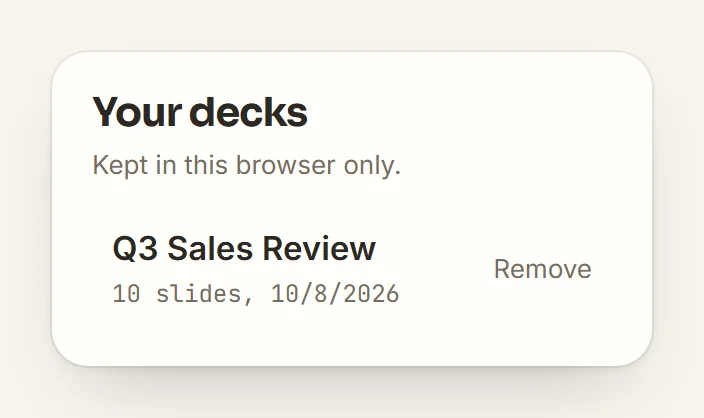 The Your decks list, kept in this browser only, showing the Q3 Sales Review deck with 10 slides.