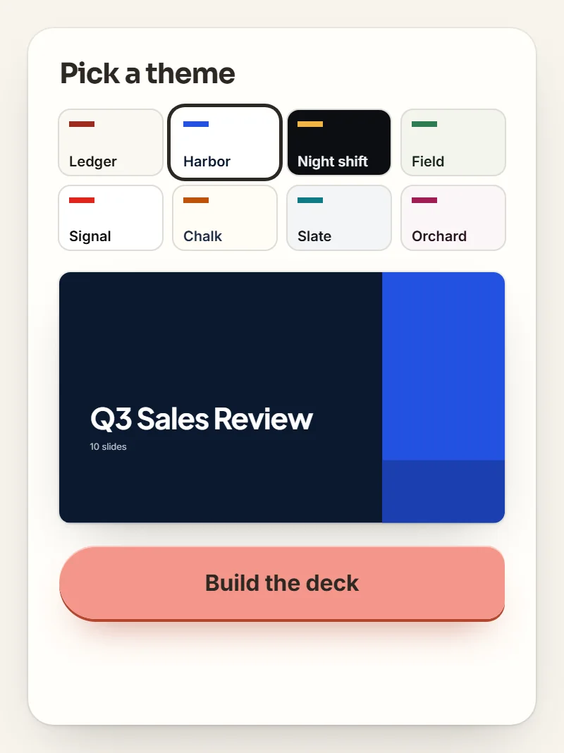 The Pick a theme panel with eight themes, Harbor selected, a preview of the Q3 Sales Review title slide in navy and blue, and the Build the deck button.