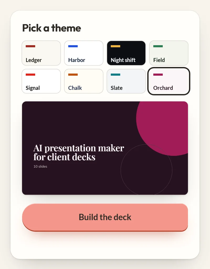 The Pick a theme panel with eight themes, Orchard selected, a preview of the deck's title slide in that theme, and the Build the deck button.