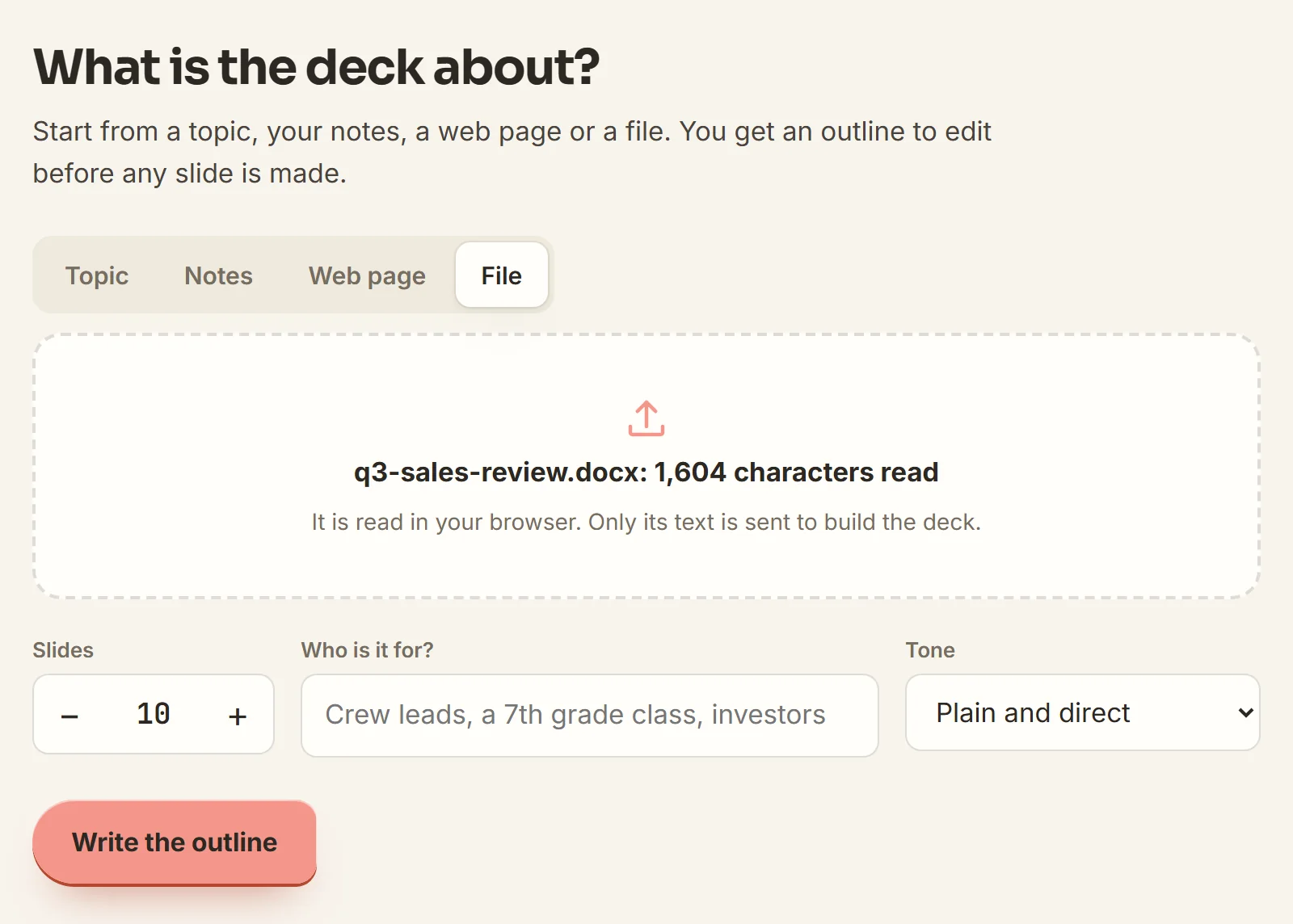 The maker's start screen with the File tab open: q3-sales-review.docx chosen and 1,604 characters read, 10 slides set, and the Write the outline button.