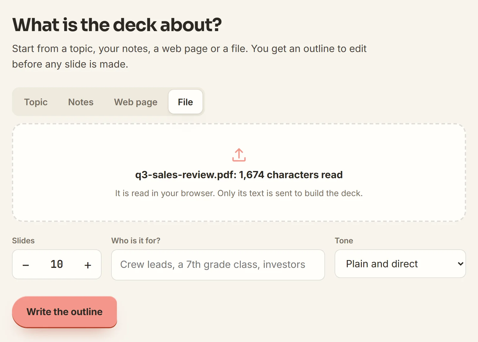 The maker's start screen with the File tab open: q3-sales-review.pdf chosen and 1,674 characters read, 10 slides set, and the Write the outline button.