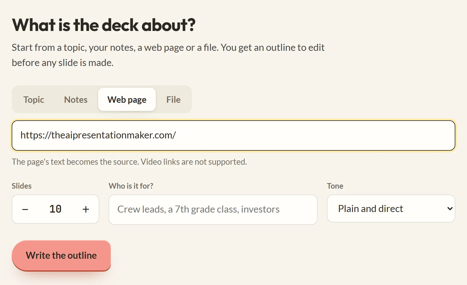 The maker's start screen with the Web page tab open, https://theaipresentationmaker.com/ in the Web page link field, 10 slides set, and the Write the outline button.
