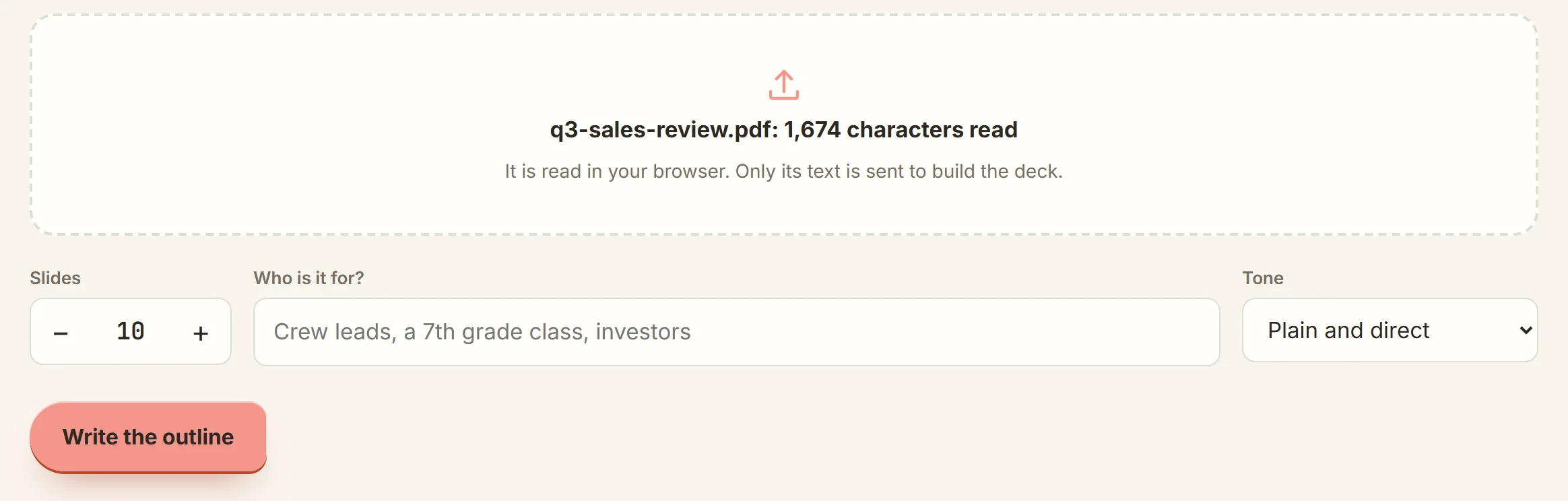 The file box reading q3-sales-review.pdf: 1,674 characters read, with the slide count at 10 and the Write the outline button below it.