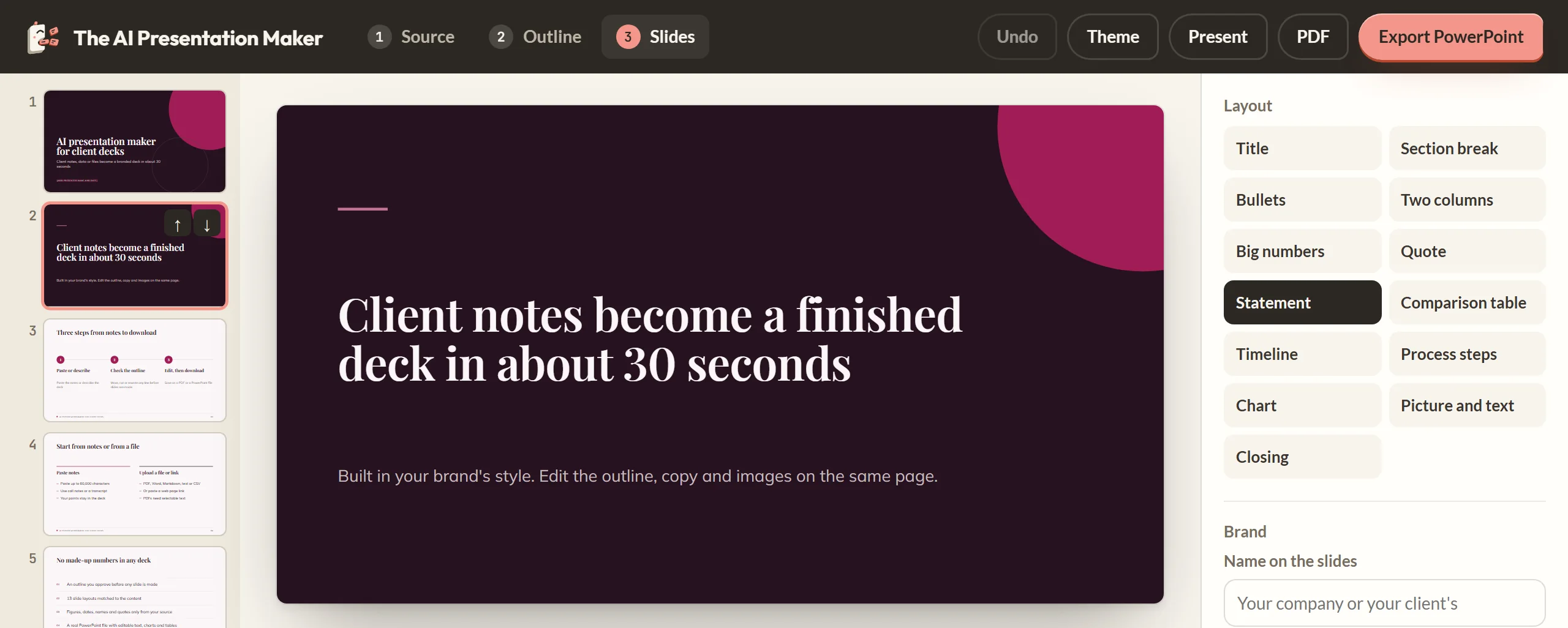 The slide editor in the Orchard theme on slide 2 of the deck built from the page, a statement slide reading Client notes become a finished deck in about 30 seconds, with the slide list on the left, the layout buttons on the right, and the Undo, Theme, Present, PDF and Export PowerPoint buttons across the top.